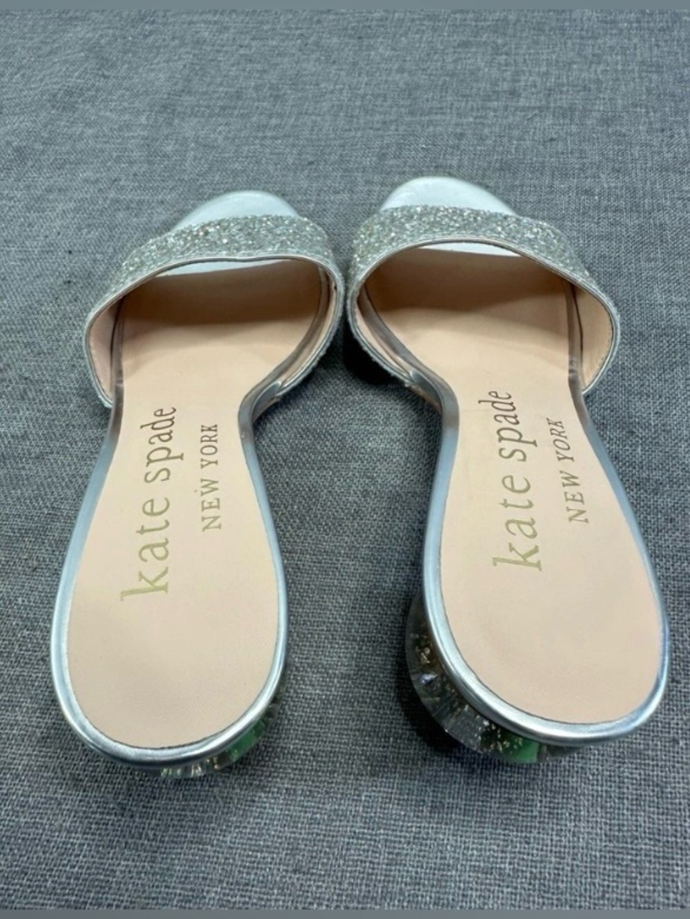 Kate Spade Silver Glitter New York Globe Slide Heels - Picture 4 of 10